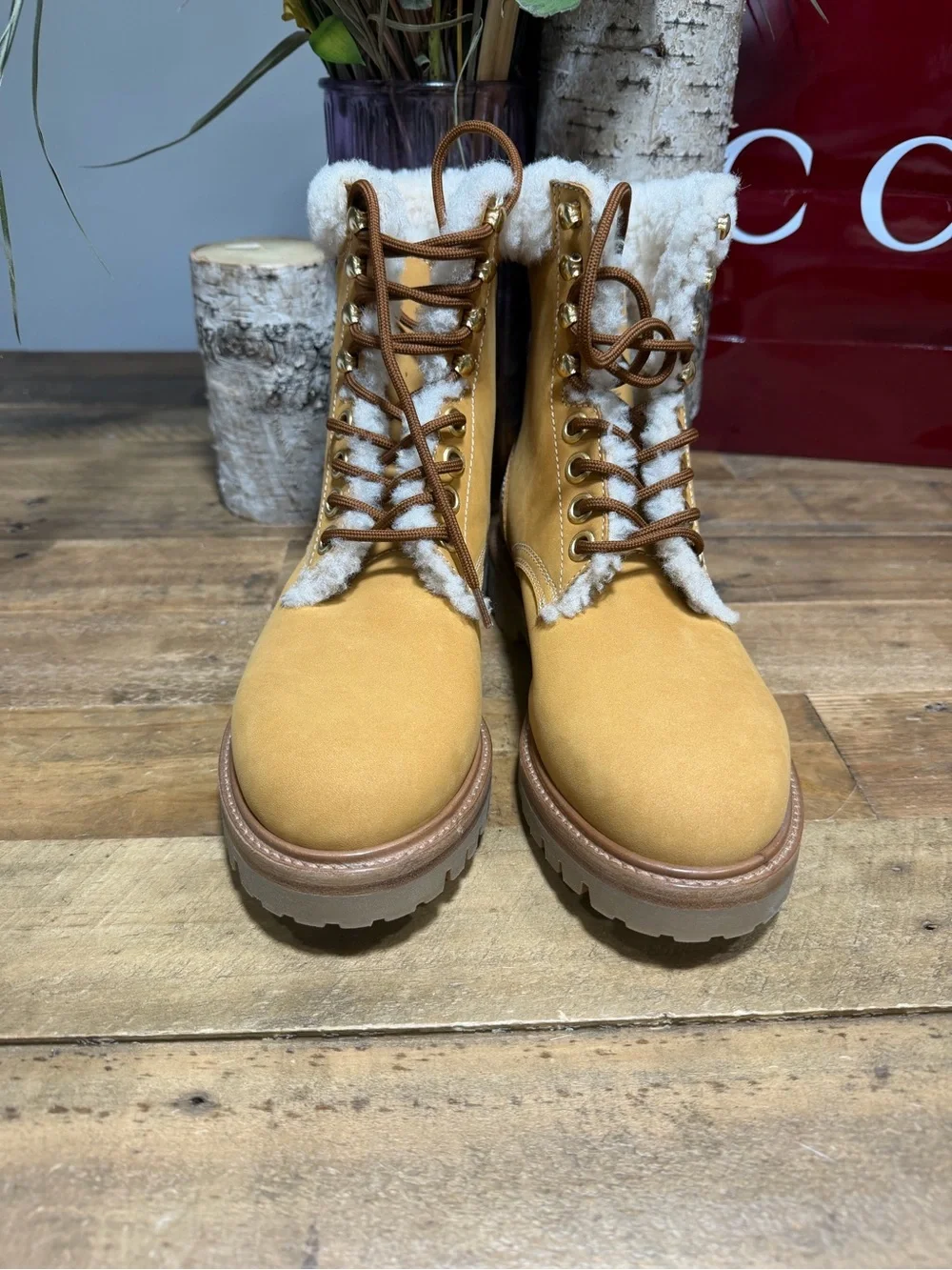 Celine Tan Shearling-Trim Lace-Up Winter Boots